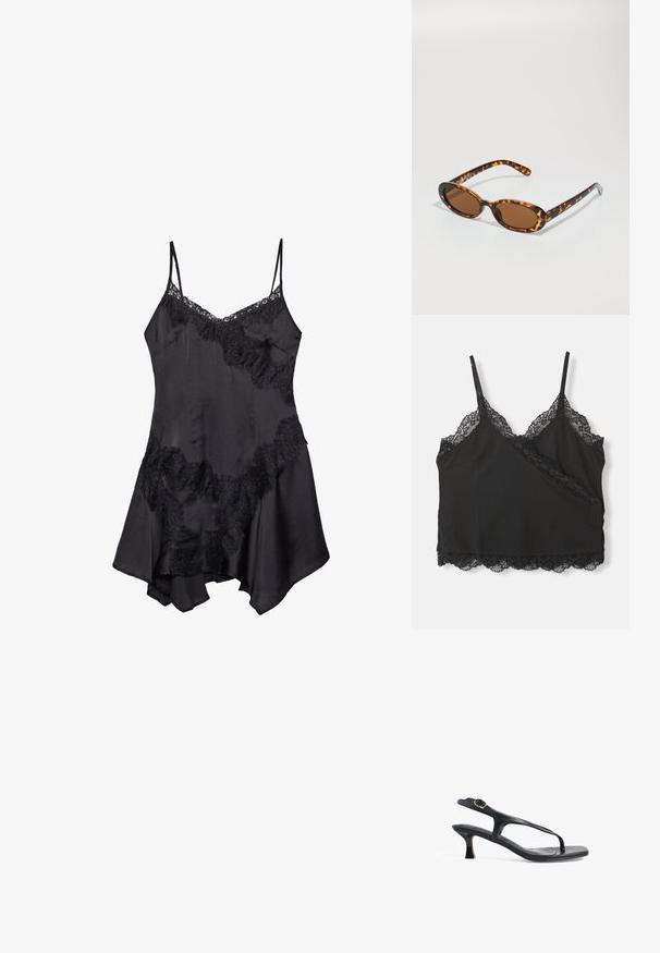 Black camisole top with adjustable straps, featuring a scalloped lace trim along the neckline and hem, made from soft fabric.; Black satin slip dress with lace trim, featuring adjustable spaghetti straps and a flared hem, soft texture, and decorative ruffle details.; Black leather sandal with a slim design, thin straps, and a small heel. Features a buckle accent and a smooth textured footbed.; Tortoiseshell sunglasses with oval frames, brown lenses, and slender black arms featuring subtle pattern accents.; Black textured tote bag with short handles, featuring a gold clasp and accents. The design is structured, with a geometric silhouette.