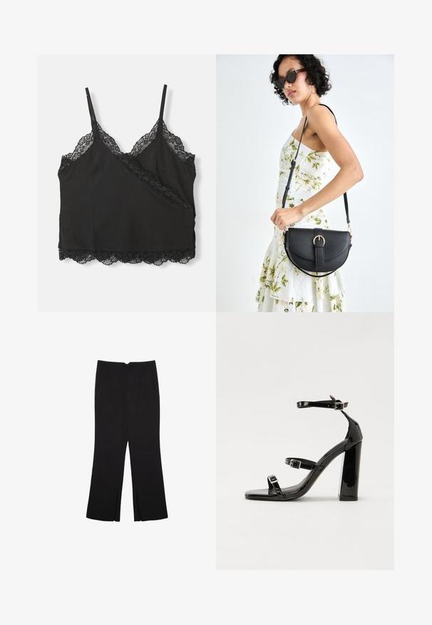 Top in raso nero con spalline regolabili, caratterizzato da un bordo in pizzo a scalloped lungo il collo e l'orlo, realizzato in tessuto morbido.; Pantaloni neri a gamba dritta, con tasche frontali e spacchi laterali all'orlo. Realizzati in tessuto morbido e liscio. Adatti a diverse occasioni.; Sandali con tacco alto in vernice nera con due cinturini con fibbia, punta quadrata e tacco spesso a blocco, caratterizzati da una texture liscia e lucida.; Borsa a tracolla nera in pelle con una forma curva, manico rimovibile e accessori dorati. La borsa presenta una patta con un dettaglio a fibbia.