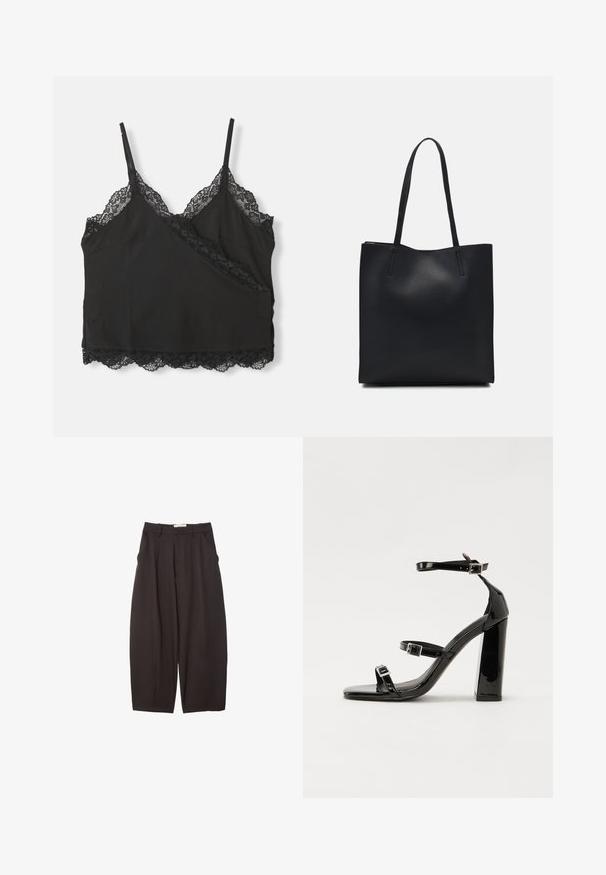 Schwarzes Spaghettiträgertop mit verstellbaren Trägern, das eine gewellte Spitzenborte entlang des Ausschnitts und Saums aufweist, aus weichem Stoff gefertigt.; Schwarze weit geschnittene Hosen aus einem glatten Stoff, mit hoher Taille, Frontfalten und Seitentaschen. Schlichtes Design ohne Verzierungen.; Schwarze patentierte Sandalen mit Absatz, quadratischer Spitze, Knöchelriemen und silbernen Schnallen. Mit einem stabilen Blockabsatz für mehr Stabilität.; Schwarze Laptoptasche aus Leder mit glatter Textur, rechteckiger Form und zwei langen Griffen. Keine sichtbaren Beschläge oder Verzierungen.