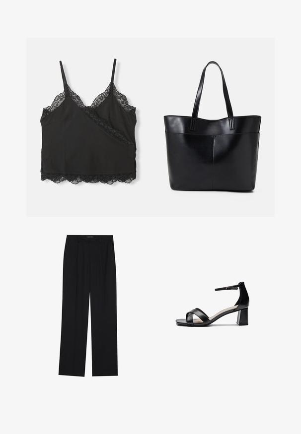 Črna majica na naramnice z nastavljivimi trakovi, s čipkastim robom ob izrezu in robu, izdelana iz mehkega materiala.; Črne hlače s ravnim krojem, ki imajo dva sprednja žepa in pas. Narejene so iz gladkega, lahkega materiala.; Črne odprte sandale s peto, ki imajo križane naramnice, nastavljivo zapestnico in debelo peto, z gladko usnjeno teksturo.; Črna usnjena torba z dvema dolgima ročajema, gladko teksturo in strukturirano obliko. Ima sprednji žep za dodatno shranjevanje.