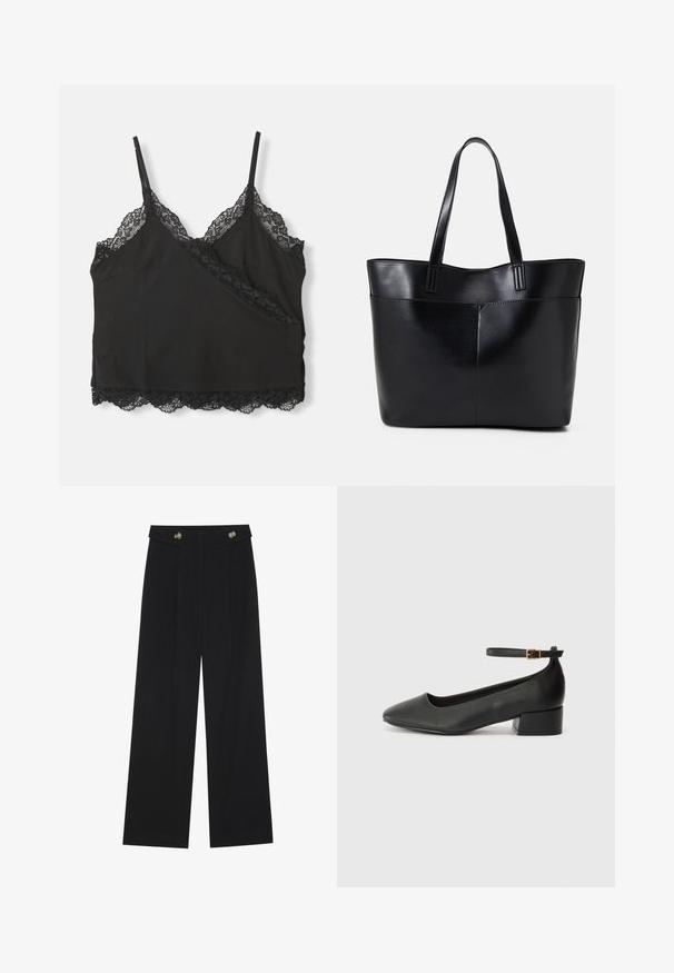 Mustar mustikas varrukatega tops reguleeritavate rihmadega, millel on pitsiline ääris kaeluse ja serva ümber, valmistatud pehmest kangast.; Mustad laiad püksid kõrge vöökoha ja nööpdetailidega vööandil, esikortsudega.; Must mustaapp, millel on terav nina ja madal blokk-kand. Omab pahkluu rihma koos kuldse tooni pandlaga. Sile tekstuur.; Must mustaga musta nahast, millel on kaks pikka kanda, sile tekstuur ja struktureeritud kuju. Esipoolsel on lisakoti jaoks tasku.