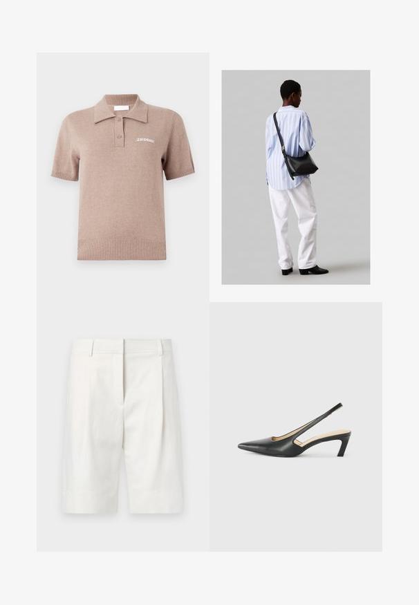 Polo tričko s krátkym rukávom v béžovej farbe vyrobené z mäkkej tkaniny. Má rebrovaný golier, dva gombíky a biele vyšívané logo na hrudi.; Svetlosfarbené prispôsobené šortky z bavlny s plochým predným dielom, záhybmi a rovným strihom. Hladká štruktúra s klasickým dokončením.; Čierne slingback topánky s ostrou špičkou a nízkym opätkom, vyrobené z hladkej kože a s výrezmi na boku pre lepšiu priedušnosť.; Čierna kožená ramenná taška so mäkkou textúrou, trojuholníkovým tvarom a nastaviteľným popruhom, skombinovaná s svetlomodrou pruhovanou košeľou a bielymi nohavicami.