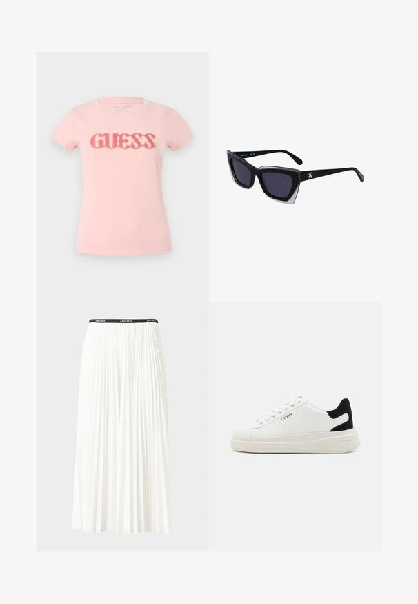 T-shirt de algodão rosa com um logótipo "GUESS" ondulado em vermelho e branco, mangas curtas e um decote redondo clássico. Textura suave.; Saia plissada branca com uma cintura elástica preta que apresenta o logótipo "LACOSTE". Design de comprimento médio com textura suave.; Sapatilhas brancas de couro com uma sola branca espessa, detalhe em camurça preta no calcanhar e logótipo em relevo na lateral. Design com atacadores e seis ilhós.; Óculos de sol oversized pretos com forma geométrica, apresentando lentes escuras e um detalhe cinza em contraste na armação. Logotipo na haste.