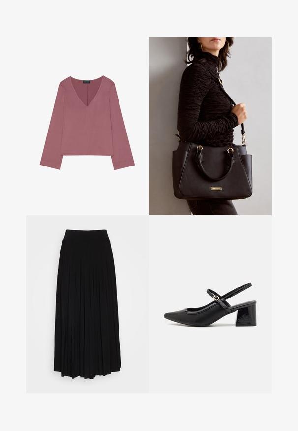 Maglietta a maniche lunghe con scollo a V in rosa polveroso, caratterizzata da una vestibilità rilassata, tessuto morbido e orlo dritto con dettagli di cucitura minimi.; Gonna nera plissettata con vita alta e elastica. Realizzata in tessuto morbido, presenta plissettature verticali per una silhouette fluida.; Décolleté in vernice nera con cinturino dietro, punta affusolata, design con ritagli arrotondati e tacco a blocco. Presenta un accento di fibbia tono oro.; Borsa nera con superficie texturizzata, manici superiori doppi e tracolla regolabile. Dotata di hardware color oro e tasche laterali.