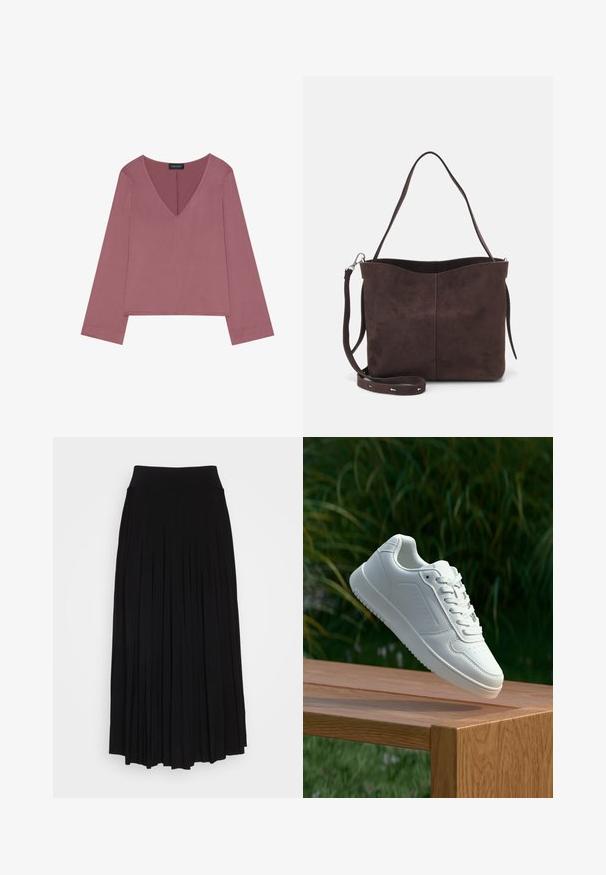 V-neck long-sleeve top in dusty rose, featuring a relaxed fit, soft fabric, and a straight hem with minimal stitching details.; Black pleated skirt with a high, stretchy waistband. Made from soft fabric, featuring vertical pleats for a flowing silhouette.; White sneaker with a smooth synthetic upper, perforated toe box, flat laces, and a textured sole, displayed on a wooden surface.; Brown suede tote bag with a soft texture, featuring a single shoulder strap and a subtle curved top opening. No visible hardware details.