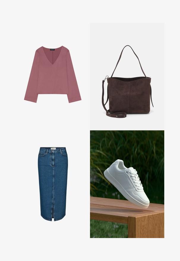 V-hals langetermijn top in stofroze, met een ontspannen pasvorm, zachte stof en een rechte zoom met minimale stikseldetails.; Denim kokerrok in donkerblauw, met een voor Slits, vijf zakken en contrasterende stiksels. Mid-rise taille met een klassiek ontwerp.; Witte sneaker met een gladde synthetische bovenkant, geperforeerde neus, platte veters en een gestructureerde zool, tentoongesteld op een houten oppervlak.; Bruine suède schoudertas met een zachte textuur, voorzien van een enkele schouderband en een subtiele, gebogen bovenopening. Geen zichtbare hardwaredetails.