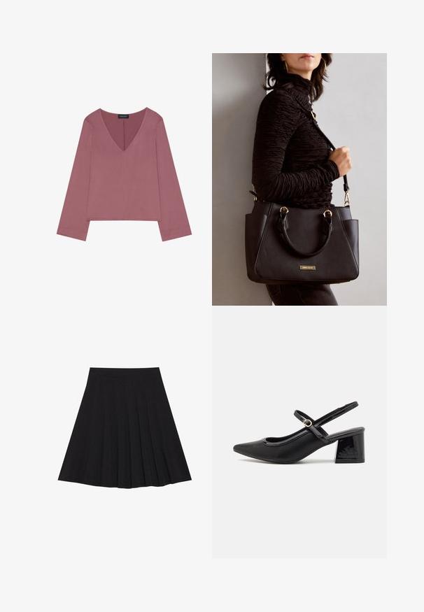 Langärmliges V-Ausschnitt-Oberteil in staubigem Rosé mit relaxtem Schnitt, weichem Stoff und geradem Saum mit minimalen Nähten.; Schwarzer, plissierter Rock aus strukturiertem Stoff mit einem taillierten Bund. Fällt knielang und hat eine glatte, klare Silhouette.; Schwarze Lackleder-Slingback-Absätze mit spitzer Zehenform, einem runden Ausschnitt-Design und einem Blockabsatz. Mit einem goldfarbenen Schnallenakzent.; Schwarze Handtasche mit strukturierten Oberflächen, doppelten Obergriffen und verstellbarem Schultergurt. Mit goldfarbener Hardware und Seitentaschen.