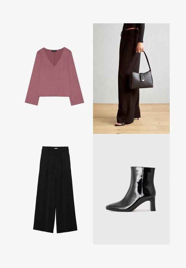 Top s dlhým rukávom v tvare V v jemne ružovej farbe, s voľným strihom, mäkkým materiálom a rovného lemom s minimálnymi detailmi šitia.; Čierne široké nohavice s textúrovanou tkaninou, elastickým pásom a odnímateľným viazaním na páse pre nastaviteľné priliehanie.; Čierne lakované členkové topánky s špicatou špičkou a stredne vysokým blokovým podpätkom. Hladká textúra a minimalistický dizajn.; Čierna kabelka so štruktúrovaným tvarom, hladkou textúrou a kovovou sponou. V kombinácii so širokými čiernymi nohavicami a sandálmi s otvorenou špičkou na drevenej podlahe.