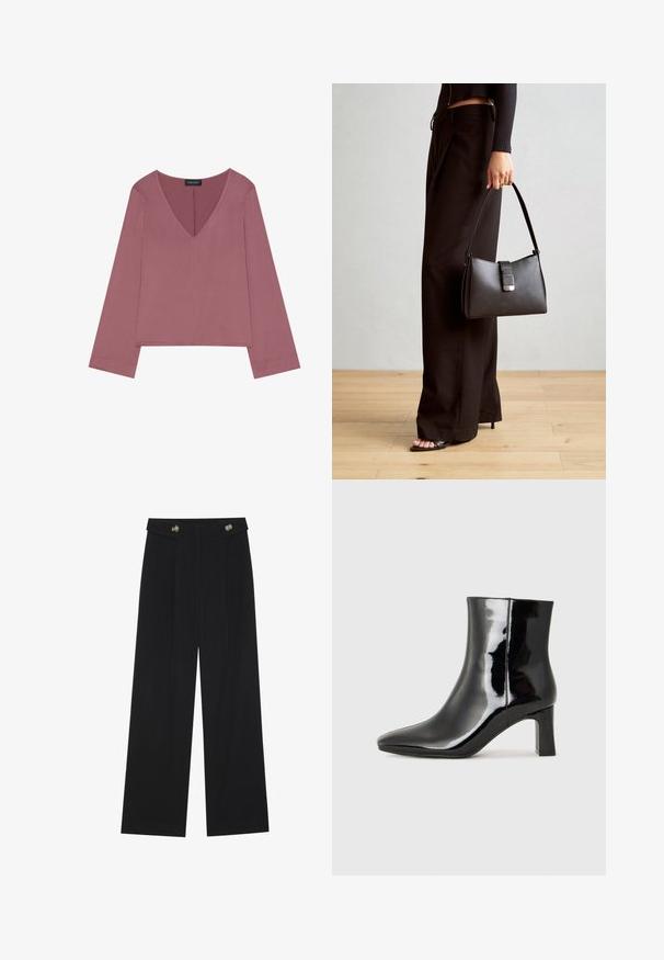 Maglietta a maniche lunghe con scollo a V in rosa polveroso, caratterizzata da una vestibilità rilassata, tessuto morbido e orlo dritto con dettagli di cucitura minimi.; Pantaloni neri a gamba larga con vita alta, dettagli con bottoni in vita e pieghe frontali.; Stivaletto in pelle verniciata nera con punta a punta e tacco a blocco di altezza media. Texture liscia e design minimalista.; Borsa nera con forma strutturata, texture liscia e una chiusura metallica. Abbinata a pantaloni neri larghi e sandali open-toe su un pavimento in legno.