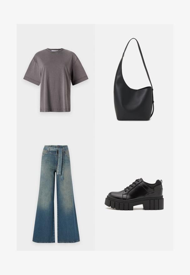 Graues Kurzarm-T-Shirt mit rundem Ausschnitt, das eine lockere Passform und eine glatte, weiche Textur aufweist. Keine sichtbaren Muster oder Akzente.; Weit geschnittene Denim-Hosen mit einem Farbverlauf von hellblau zu dunkelblau, hoher Taille, Gürtelschlaufen und einem passenden Stoffgürtel. Strukturierte Denim-Oberfläche.; Schwarze Lederplateauschuhe mit klobigem Blockabsatz, runder Zehenpartie und traditionellem Schnürdesign. Verfügt über eine glatte Textur und minimale Details.; Schwarze Leder-Hobo-Tasche mit einer glatten Textur, geschwungener Form und einem einzelnen verstellbaren Tragegurt; verfügt über eine weite Öffnung am oberen Ende.