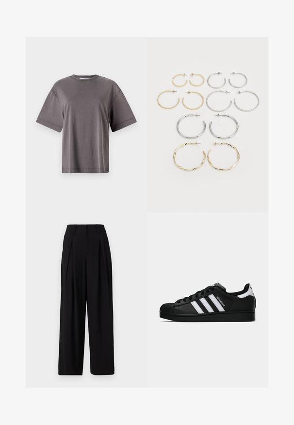 Szara koszulka z krótkim rękawem i okrągłym dekoltem, o luźnym kroju i gładkiej, miękkiej fakturze. Brak widocznych wzorów lub akcentów.; Czarne szerokie spodnie z gładkiego materiału, z wysokim stanem, plisami z przodu i luźną sylwetką.; Czarne sneakersy Adidas Superstar z białymi paskami, noskiem w kształcie muszli i napisem "Superstar" na boku, zaprezentowane w profilu bocznym na białym tle.; Zestaw dwunastu kolczyków w kształcie kółek w odcieniach srebra i złota. Zawiera wzory skręcone, gładkie i fakturowane w różnych rozmiarach i wykończeniach.