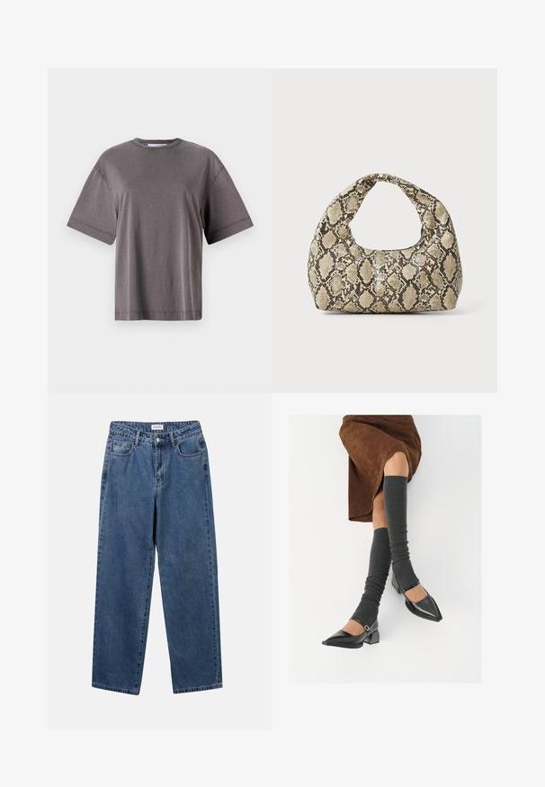 Harmaa lyhythihainen t-paita, jossa on pyöreä kaula-aukko. Paita on väljä ja siinä on sileä, pehmeä pinta. Ei näkyviä kuvioita tai yksityiskohtia.; Classiset siniset farkut suoran lahkeen muotoilulla, viidellä taskulla ja napillakaan. Ominaisuudet: keskivahva pesu ja kestävä rakenne.; Musta lakattu nahkakengät teräväkärkisillä, leveällä kantapäällä ja nilkkahihnalla, yhdistettynä harmaisiin ribattuihin säärystimiin ja ruskeaan mokkasiinimekkoon.; Käärmeennahkakuosiset käsilaukku, jossa on kaareva kahva. Tehty teksturoiduista beigeistä ja ruskeista materiaaleista, joissa on erottuva timanttikuvio.