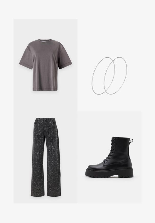 Hall ehk lühikeste varrukatega t-särk, millel on ümmargune kaelus, lõdva istuvuse ja sileda, pehme tekstuuriga. Ei mingeid nähtavaid mustreid ega aktsente.; Noisy May NMJANNEL LOOSE - Avar lõikega teksad - black denim; Mustad mustad nahast pahkluu saapad ümarate varvastega, nööridega esiosas ja paksu kummist talla ning tekstuuritud mustriga. Tagumine tõmbeaas.; Hõbedased rõngastikkaehingad minimalistlikus disainis. Ümar kuju, sile tekstuur ja õhuke profiil. Kerged ning poleeritud viimistlusega.