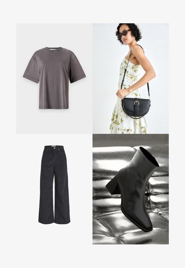 Szürke, rövid ujjú póló, kerek nyakkivágással, laza fazonban és sima, puha textúrával. Nincsenek látható minták vagy díszítések.; Fekete kordbársony, széles szárú nadrág, magas derekú fazonnal, elöl gombos záródással és két oldalsó zsebbel. Puha tapintás és egyenes sziluett.; Fekete bokacsizma fényes anyagból, négyzetes orral és szűkített sarkú, egy csillogó ezüst kárpitozott háttér előtt.; Fekete bőrtáska ívelt formával, levehető pánttal és arany színű fémrészekkel. A táskán egy csattal díszített fedél található.