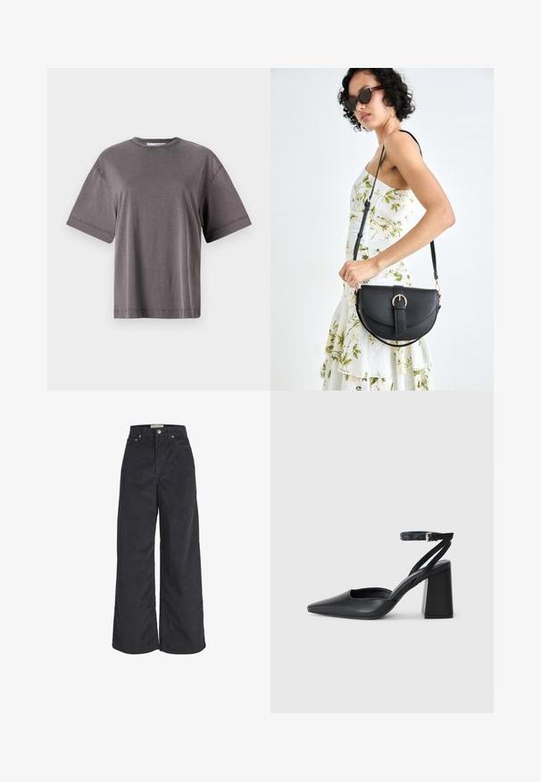 Szürke, rövid ujjú póló, kerek nyakkivágással, laza fazonban és sima, puha textúrával. Nincsenek látható minták vagy díszítések.; Fekete kordbársony, széles szárú nadrág, magas derekú fazonnal, elöl gombos záródással és két oldalsó zsebbel. Puha tapintás és egyenes sziluett.; Fekete bőr, hegyes orrú magassarkú cipő boka pánttal és vastag sarokkal. Sima textúra, elegáns dizájn és minimális esztétika.; Fekete bőrtáska ívelt formával, levehető pánttal és arany színű fémrészekkel. A táskán egy csattal díszített fedél található.