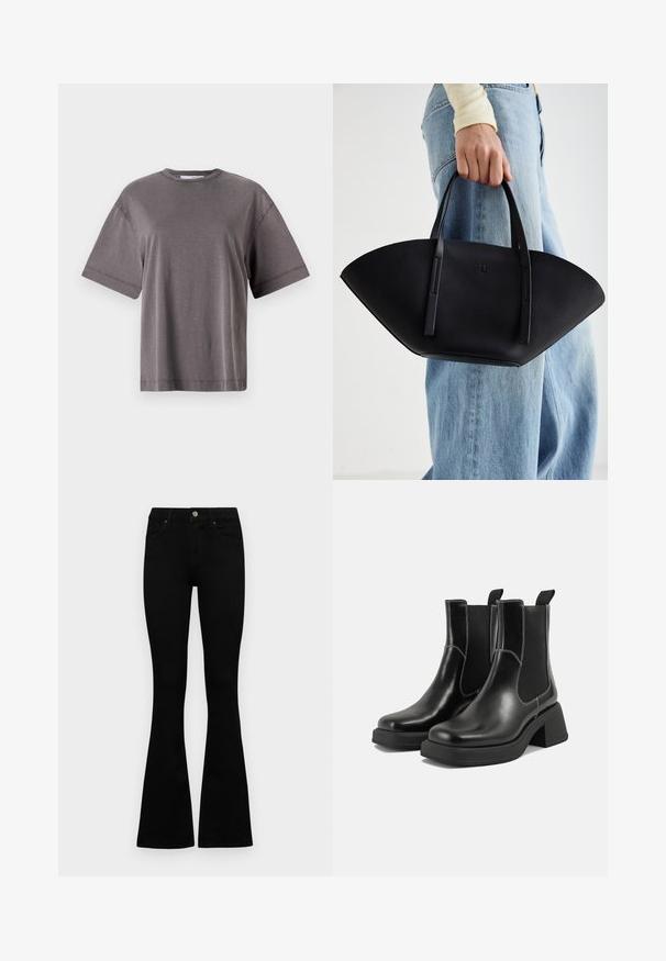 Maglietta corta grigia a maniche corte con scollatura rotonda, caratterizzata da una vestibilità comoda e una texture liscia e morbida. Nessun motivo o accento visibile.; Jeans neri a vita alta con chiusura a bottoni e zip, tasche frontali e gambali svasati, distesi su uno sfondo bianco.; Stivali Chelsea in pelle nera con tacco spesso, pannelli elasticizzati sui lati e cuciture bianche a contrasto. Finitura testurizzata.; Borsa a tracolla in pelle nera con una forma a ventaglio unica, dotata di manici piatti. La superficie presenta una texture a ciottoli e un design minimalista.