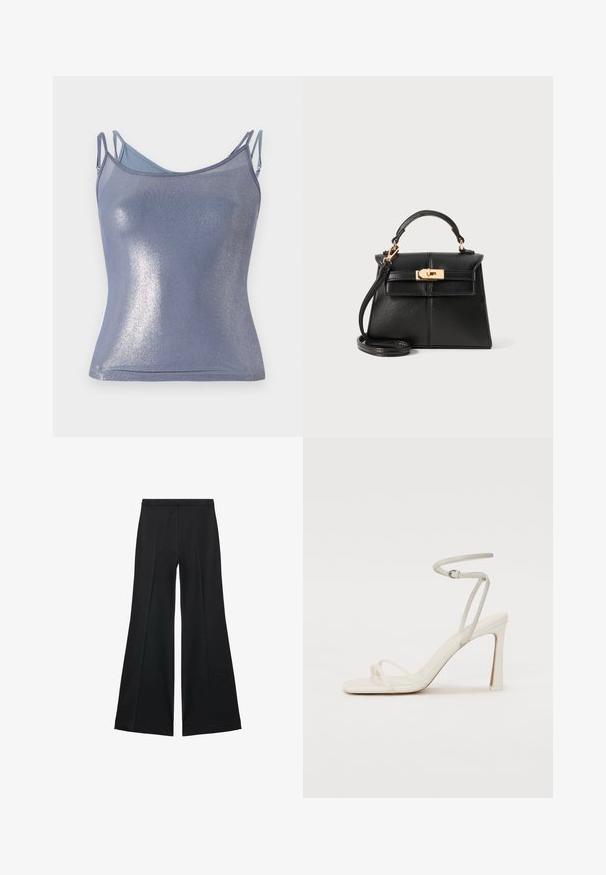Lesklá, priliehavá tielko v svetlom modrom odtieni s nastaviteľnými ramienkami. Má jemnú textúru a subtílny glitrový vzhľad.; Čierne široké nohavice s hladkou textúrou, s prednými záhybmi a elegantným strihom. Materiál je ľahký a pruhlý.; Biele sandále na podpätku s tenkým remienkom okolo členka a dvomi prednými remienkami. Hladká kožená textúra so štvorcovou špicou a lesklým podpätkom.; Čierna kožená taška s pevnou konštrukciou, horným uchom, odnímateľným popruhom a zlatistou kovovou aplikáciou na magnetickom uzávere.