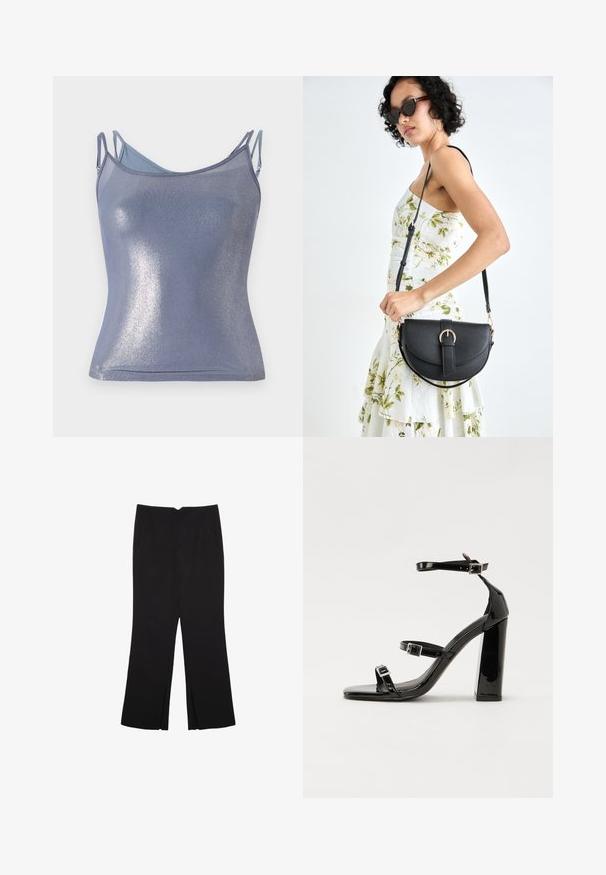 Sjajni, uskišeni top u svijetloplavoj boji s podesivim naramenicama. Ima mekanu teksturu i suptilan sjaj.; Crne hlače ravnog kroja, s prednjim džepovima i bočnim prorezima na rubu. Izrađene od mekog i glatkog materijala. Pogodne za razne prigode.; Crne lakirane sandale na pete sa kvadratnim nosom, trakama oko gležnja i srebrnim kopčama. Imaju čvrst blok petu za stabilnost.; Crna kožna torba s lukovitim oblikom, odvojivim remenom i zlatnim detaljima. Torba ima preklop s kopčom.