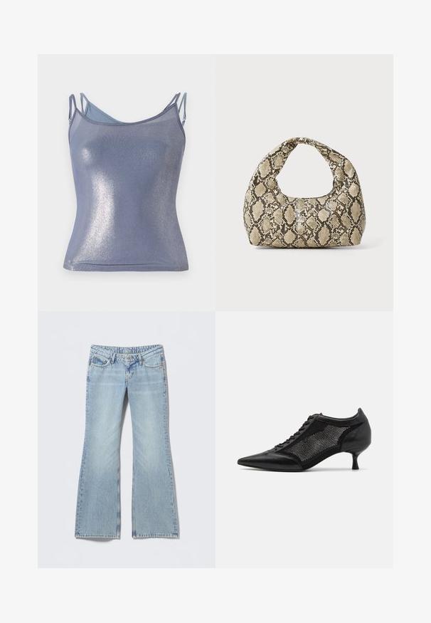 Skinnende, tettsittende cami i lyseblått med justerbare stropper. Har en myk tekstur og en subtil glitterfinish.; Lyseblå jeans med vide bein og falmet finish, fem-lomme-design og kontrastfarget søm. Bomullsdenim med glatt tekstur.; Svart spiss tå-sko med meshpaneldesign, med lav hæl og snøring foran. Laget av en kombinasjon av lær og meshmateriale.; Veske med slangeskinnmønster og krummet håndtak. Laget av teksturerte, beige og brune materialer, med et særegent diamantmønster.
