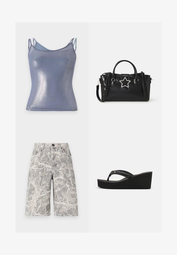 Camicetta aderente e lucida di colore blu chiaro con spalline regolabili. Presenta una texture morbida e una finitura glitterata sottile.; Shorts in denim a motivo camouflage in tonalità di grigio e beige, con un classico design a cinque tasche e chiusura con bottone in metallo.; Sandali wedge neri con un design a strappo intrecciato, caratterizzati da una superficie testurizzata e una comoda piattaforma. Nessun marchio o decorazioni visibili.; Borsa nera in finta pelle con un accento argento a forma di stella, manici doppi e una tracolla regolabile.