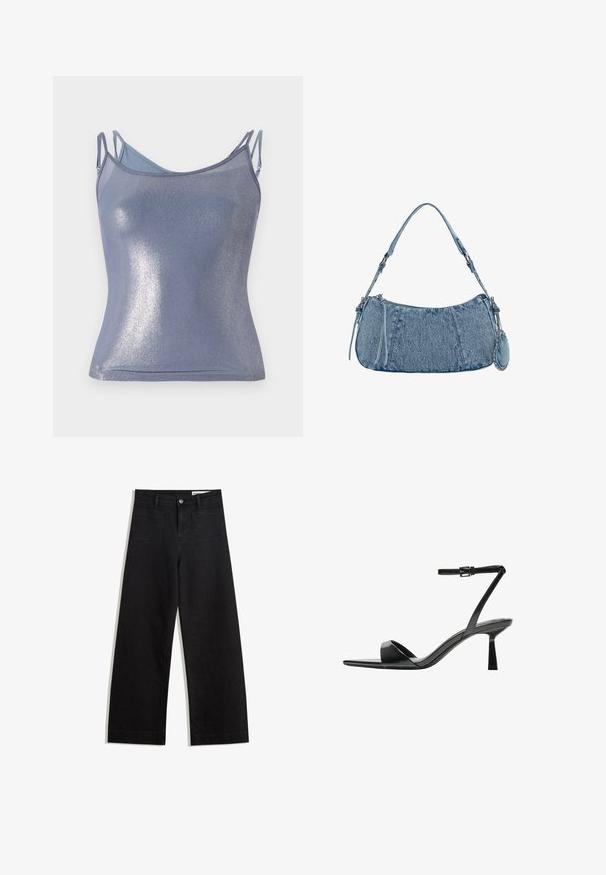 Fényes, testhezálló női trikó világoskék színben, állítható pántokkal. Puha tapintású és finom csillogással rendelkezik.; Fekete, bő szabású farmernadrág magas derékkal, elülső és hátsó zsebekkel, varrott felületekkel és gombos záródással. Sima textúra.; Bershka Magas sarkú szandálok - black; Farmer táska ívelt formával, világoskék színben, állítható vállpánttal és egy kis levehető tasakkal, fémes részletekkel.