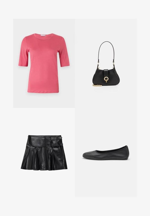 Kortærmet T-shirt med rund hals i livlig pink, lavet af blødt stof med en glat tekstur, med lige kant og minimalistisk design.; Sort læderskirt med pliser, bred talje og to spænde-accenter på siden. Glat tekstur med en blank finish.; Sort læderballetsko med rund tå, glat tekstur, minimal syning og et fleksibelt såldesign.; sandro JANET - Håndtasker - noir