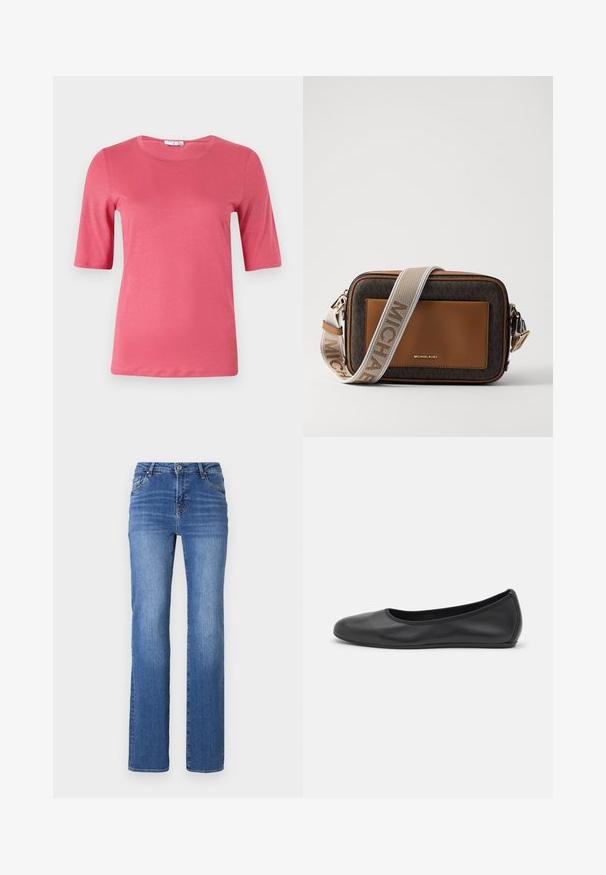 Lyhythihainen, pyöreäkauluksinen t-paita kirkkaan vaaleanpunaisena, valmistettu pehmeästä kankaasta, jolla on sileä pinta. Paita sisältää suoran helman ja minimalistisen muotoilun.; Siniset farkut suoran leikkauksen, viiden-taskun ja nappisuljin kanssa. Kankaan pinnassa on kevyt gradienttipesu ja näkyvät ompeleet.; Musta nahkainen ballerina, jossa on pyöristetty kärki, sileä pinta, minimaalinen ommelkoristelu ja joustava pohjamuotoilu.; Ruskea nahka ja monogrammikangas olkalaukku, jossa on kultainen logo, kontrastivärinen vaaleanruskea yksityiskohta ja teksturoitu kangashihna.