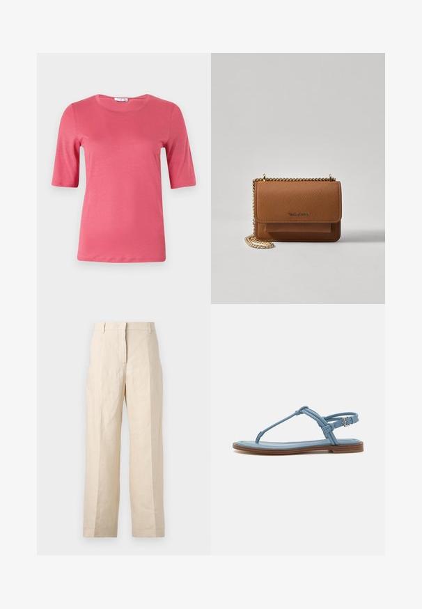 T-shirt de manga curta, com decote redondo, em rosa vibrante, feita de um tecido suave com uma textura lisa, apresentando uma bainha reta e um design minimalista.; Calças de linho bege com um corte solto, frente plissada e pernas retas. Apresentam uma cintura com passantes para cinto e sem bolsos visíveis.; Sandália de dedo em couro azul com sola plana, apresentando um design de tiras finas e fecho com fivela no tornozelo para um ajuste seguro.; Bolsa crossbody de couro texturizado castanho com alça de corrente dourada e fecho com aba. A parte da frente apresenta detalhe do logótipo e um bolso sob a aba.