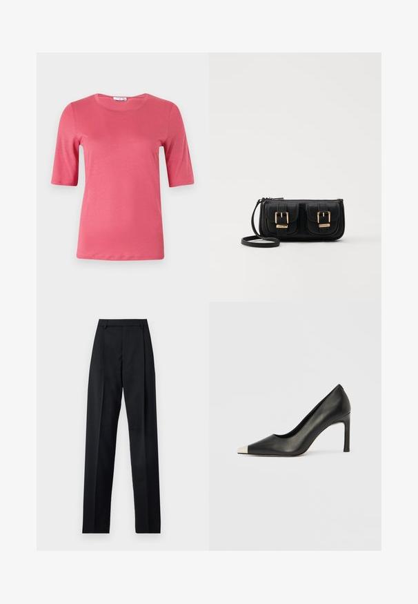Kurzärmeliges T-Shirt mit Rundhalsausschnitt in lebhaftem Pink, aus weichem Stoff mit glatter Textur, ausgestattet mit geradem Saum und minimalistischem Design.; Schwarze Hosen aus glattem Stoff mit hoher Taille, weitem Bein, vorderen Falten und klassischen Gürtelschlaufen. Keine sichtbaren Seitentaschen.; Schwarzer Lederschuh mit hohem Absatz, spitz zulaufender Zehenpartie und metallischer silberner Spitze. Verfügt über eine glatte Oberfläche und einen schlanken 10 cm hohen Absatz.; Schwarze Leder-Umhängetasche mit zwei vorderen Taschen, goldenen Schnallen, Reißverschluss und einem schmalen Tragegurt. Texturierte Oberfläche und kompakte rechteckige Form.