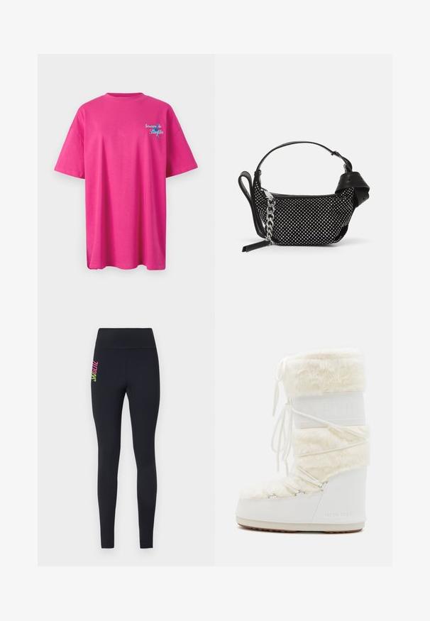 Camiseta de algodón rosa con mangas cortas y cuello redondo. Presenta texto bordado en azul en la parte frontal. Dobladillo recto.; Leggings negros de material elástico, con una cinturilla alta y un logo vertical colorido en la cadera izquierda en tonos rosa y verde.; Botas Moon blancas con parte superior de pelo sintético, cordones en la parte frontal y suela de goma. Acabado texturizado y logotipo grabado en el lateral. Diseño grueso y acolchado.; Bolso negro con un diseño texturizado, adornado con tachuelas plateadas y una correa de cadena plateada gruesa. Presenta una forma elegante y minimalista.