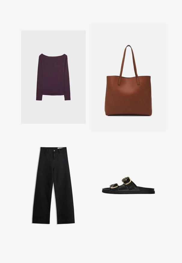 Dlhý rukáv top v tmavo purpurovej farbe, vyrobený z mäkkej džersejovej tkaniny. Má široký výstrih a voľný strih, s rovnými okrajmi a dlhými rukávmi.; Čierne denimové nohavice s širokými nohavicami a vysokým pásom, so prednými a zadnými vreckami, šitými švami a zapínaním na gombík. Hladká textúra.; Čierne šľapky s dvoma zlatými prackami, hladký textúrovaný materiál, plochá podrážka a minimalistický dizajn.; Hnedá kožená taška na rameno s hladkou textúrou, otvoreným vrchom a dvoma ramenými popruhmi. Má minimálne šitia a žiadne viditeľné kovania.