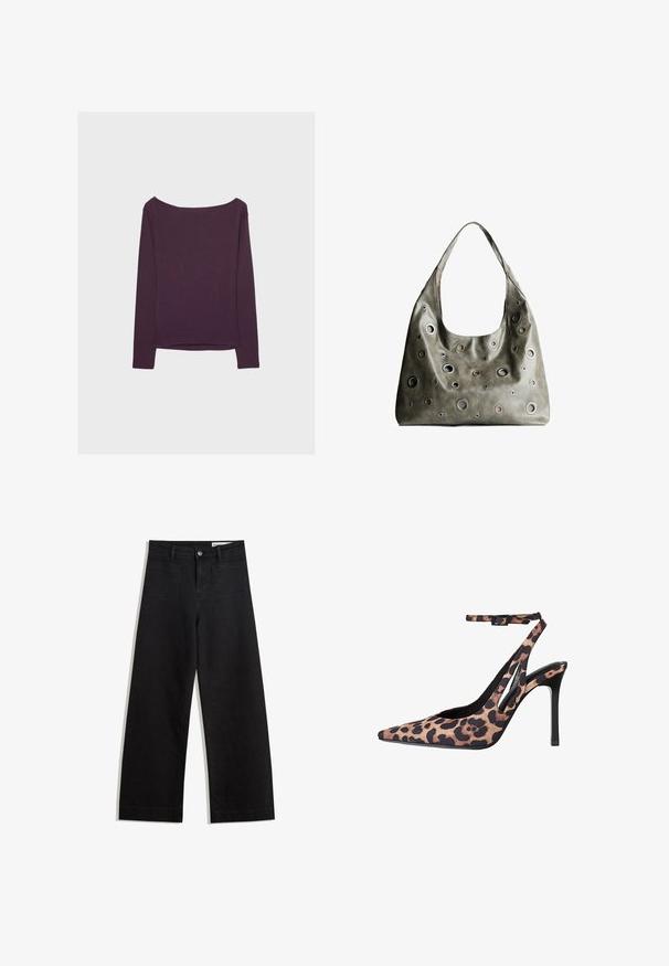 Maglietta a maniche lunghe di colore viola scuro, realizzata in morbido tessuto jersey. Presenta un collo ampio e una vestibilità morbida, con orlo dritto e maniche lunghe.; Pantaloni in denim neri a gamba larga con vita alta, dotati di tasche anteriori e posteriori, cuciture a punto, e chiusura con bottone. Texture liscia.; Scarpe con tacco alto slingback in stampa leopardata, con punta affusolata, lato aperto e cinturino alla caviglia regolabile. Realizzate in tessuto, con una soletta nera.; Borsa a tracolla in pelle verde oliva con un design morbido, caratterizzata da tagli circolari di diverse dimensioni e dettagli in tonalità più scure e più chiare.
