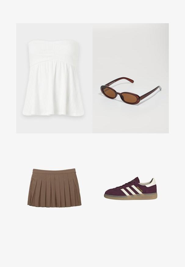 Biely top bez ramienok s nahrubeným, rozšíreným dizajnom. Obsahuje textúrované vertikálne prúžky a priliehavý trup s elastickým lemom na vrchu.; Hnedá plisovaná mini sukňa s pásom a jemným detailom loga na bočnej strane na bielom pozadí.; Bordový semišový tenisk s bielymi tromi pruhmi a béžovými akcentmi. Má textúrovanú gumovú podrážku a zlaté logo na boku.; Okrúhle slnečné okuliare s hnedým nádychom a lesklým burgundským rámom. Úzke ramená s jemným brandovaním. Plochej šošovky dizajn.; Hnedá tkaná kožená kabelka s voľným, trojuholníkovým tvarom. Má opletenú rúčku a zips na vrchu.