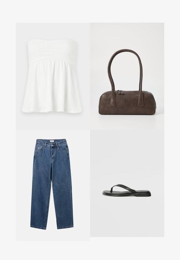 Valge ristita ülaosa, millel on volditud, laienev disain. Omab tekstuuriga vertikaalseid ridasid ja sisseehitatud bodi, mille ülaosas on elastne osa.; Klassikalised sinised denimists teksad otsejalaga disainiga, viie taskuga ja nööbisuletusega. Omab keskmist pesu ja tugevat tekstuuri.; Musta sussumood, mis on valmistatud siledast nahast. Sellel on õhuke rihma disain ja lame tald minimaalsete joontega. Mingeid silmatorkavaid mustreid või aktsente ei ole.; Pruunist nahast käsipagas kahe tugeva käepidemega, kandiline kuju, sile tekstuur ja tõmblukuga sulgemine. Minimalistlik disain, ilma nähtavate mustriteta.