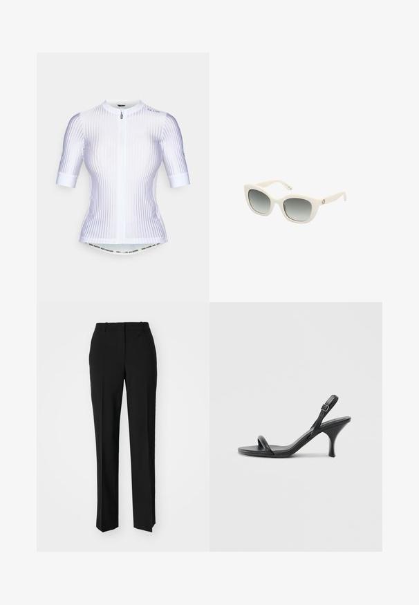 Bijela biciklistička majica s kratkim rukavima, s vertikalnom rebrastom teksturom, zatvaranjem na zip i kontrastnim plavim akcentima na ramenima.; Crne krojene hlače ravnog kroja, s glatkom teksturom i oštrim pregibima naprijed. Bez vidljivih metalnih dijelova.; Crne kožne sandale na visoku petu s tankom, zakrivljenom petom i dizajnom prekriženih traka. Podesiva traka oko gležnja. Glatka tekstura.; Bijele plastične sunčane naočale u obliku mačkinih očiju, s gradijentnim sivo-smeškim lećama, čvrstim krakovima i zlatnim logotipom s bočne strane.; Bijela kožna torba s zakrivljenim oblikom, koja na prednjoj strani ima utisnut logotip "CK" i jedan remen za nošenje preko ramena. Zatvaranje na munju na vrhu.