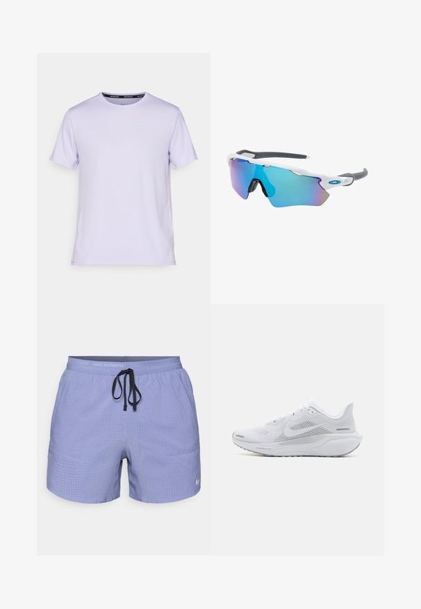 Šviesiai violetinė trumpomis rankovėmis sportinė marškinėliai, pagaminti iš lygaus audinio, su apvalia iškirpte. Savyje turi mažą, atspindinčią Nike logotipą ant krūtinės.; Violetinės Nike bėgimo šortai su perforuotu dizainu, elastinga liemene, reguliuojamu juodu raišteliu ir maža balta logotipu šone.; Balti sportiniai batai su orui pralaidžia viršutine dalimi, lygaus tekstūros apdaila, pilkais akcentais, raišteliais ir paminkštintu padu, skirtu našumui užtikrinti.; Akiniai nuo saulės su balta rėmeliu, pilkų akcentų ir mėlynais veidrodiniais objektyvais. Sportiškas dizainas, aplink galvą prilipusios formos ir reguliuojamos nosies pagalvėlės.