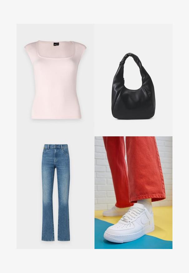 Gina Tricot - T-shirt z nadrukiem; Niebieskie dżinsy w stylu dzwonów z lekko wyblakłą fakturą, pięcioma kieszeniami i zapięciem na guzik w talii. Zniszczone detale w okolicy dołów spodni.; Białe skórzane sneakersy z perforowanym czubkiem, teksturowaną podeszwą i białymi sznurowadłami, w połączeniu z szerokimi czerwonymi spodniami na niebiesko-żółtym tle.; Czarna torba hobo wykonana z gładkiego, skóropodobnego materiału z twisted uchwytem, o miękkim, zaokrąglonym kształcie i górnym zapięciem na zamek.; Złote kolczyki w kształcie kółek o gładkim, błyszczącym wykończeniu. Okrągły design z małym klipsem i przezroczystym zapięciem zapewniającym bezpieczne noszenie.