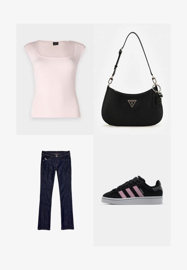 Gina Tricot SOFT TOUCH TIGHT TOP - T-shirt con stampa - tender touch; Jeans in denim blu scuro con design a gamba dritta, dotati di chiusura anteriore con bottone, cinque tasche e cuciture visibili lungo le cuciture.; Sneaker in suede nera con design a tre strisce rosa, suola in gomma grigia e linguetta con texture. Presenta il marchio sui lati e sul tallone.; Borsa a spalla nera in materiale sintetico con silhouette curvilinea, finitura testurizzata, logo triangolare dorato e dettagli in metallo removibili.