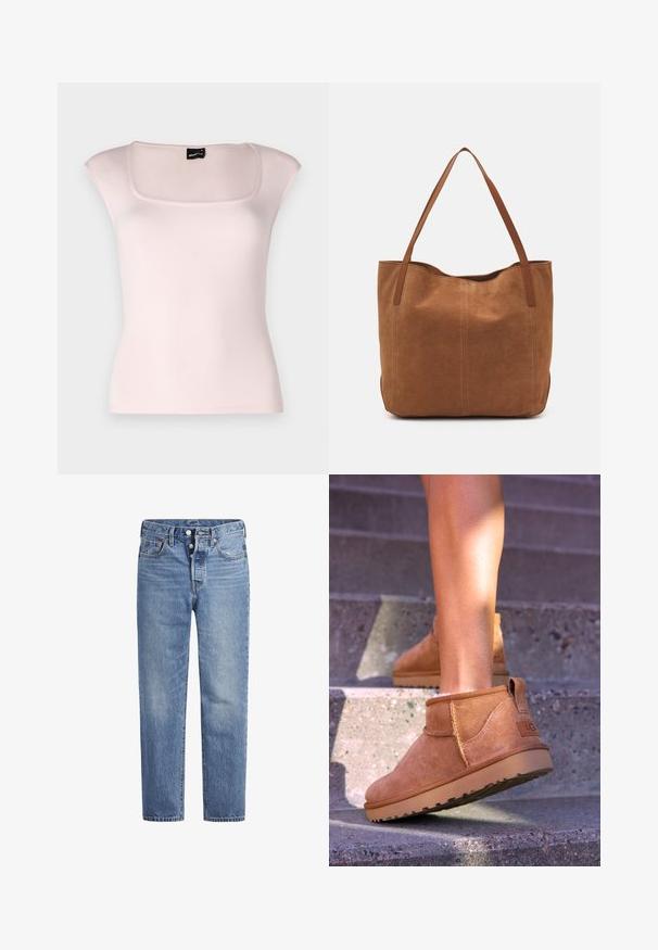 Gina Tricot SOFT TOUCH TIGHT TOP - Trükipildiga T-särk - tender touch; Heled sinised teksad sirge lõikega, viie tasku disainiga ja nööpidega kinni. Omavad kerget pleekimist ja oranže õmblusi.; Kergedest nahast pahklu ботинки pehme tekstuuriga, õmmeldud detailide ja kummist tallaga, millel on sanga kand kergesti selga panemiseks.; Pruun nubukist kott kahe pika sangaga, millel on sile tekstuur, lihtne disain ja nähtavad riistvara või aksessuaarid puuduvad.