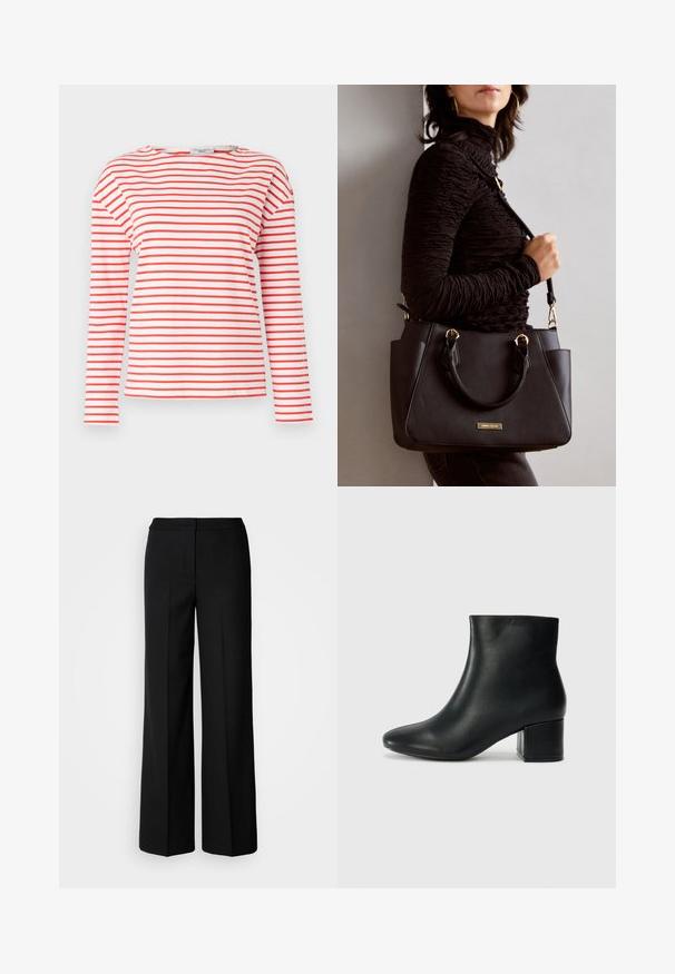 White long-sleeve shirt with red horizontal stripes. Features a round neckline and soft, smooth texture. Simple design with no embellishments.; Black wide-leg trousers with a smooth fabric, featuring a high waist, tailored seams, and a minimalist design. No visible hardware or pockets.; Black leather ankle boots with a pointed toe and a chunky heel. Smooth texture with minimal accents and a sleek, fitted design.; Black handbag with textured surface, dual top handles, and adjustable shoulder strap. Features gold-tone hardware and side pockets.