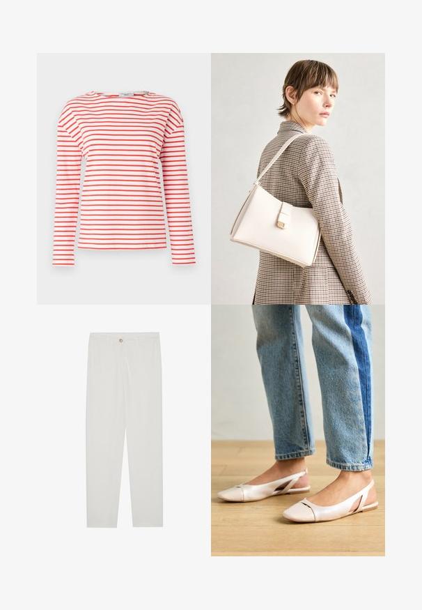 Fehér, hosszúujjú ing, piros vízszintes csíkokkal. Kerek nyakkivágással és puha, sima textúrával rendelkezik. Egyszerű design, díszítések nélkül.; Fehér, testreszabott nadrág egyenes szárú szabással, gombos záródással, övcsatolókkal és oldalsó zsebekkel; sima textúrájú anyag.; Világos rózsaszín slingback laposlábú cipők, hegyes orral, sima bőrhatású anyagból készült. Oldalt kivágott részletek találhatók rajta, valamint lapos sarkú.; Fehér bőr táska strukturált dizájnnal, mágneses záródással és vállpánttal, semleges háttér előtt bemutatva.