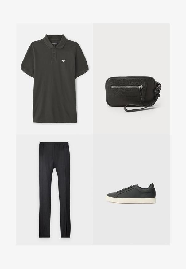 Σκούρο πράσινο βαμβακερό πόλο μπλουζάκι με κλασικό γιακά, τριπλή κουμπότρυπα, κοντά μανίκια και μικρό λευκό λογότυπο στο στήθος.; Emporio Armani TROUSER - Παντελόνι - nero; Μαύρο δερμάτινο αθλητικό παπούτσι με χαμηλό προφίλ, στρογγυλή μύτη και κλείσιμο με κορδόνια. Διαθέτει υφή ελαστική σόλα και λεπτομέρεια λογότυπου στη φτέρνα.; Μαύρη δερμάτινη τσάντα φάκελος με υφή, μπροστινή τσέπη με φερμουάρ και αποσπώμενη θηλιά στον καρπό. Διαθέτει λογότυπο μπροστά. Ορθογώνιο σχήμα.