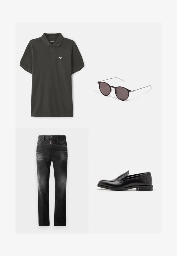Tmavě zelené bavlněné polo tričko s klasickým límečkem, lištou na tři knoflíky, krátkými rukávy a malým bílým logem na hrudi.; Černé džíny z denimu se rovnými nohavicemi. Obsahují vybledlé oblasti, drobné poškození, klasický pětikapsový design a zapínání na knoflík.; Černé kožené polobotky s hladkou texturou, zaoblenou špičkou a zdobným páskem přes nárt. Nízký stohovaný podpatek, minimalistický design.; Černé kulaté sluneční brýle s tmavými skly a tenkými kovovými nohami. Obsahují průhledné koncovky nožiček a stříbrné akcenty na pantu. Minimalistický design.