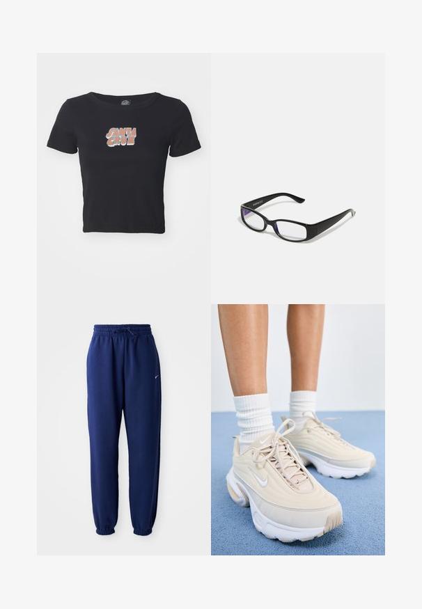 Juoda trumpa medvilninė marškinėlių su spalvinga "SANTA CRUZ" grafika priekyje. Trumpi rankovės ir apvalaus kaklo iškirpimas.; Tamsiai mėlynos sportinės kelnės, pagamintos iš minkštos medžiagos, su elastingu juosmeniu ir raišteliu, elastinėmis rankovėmis ir mažuoju baltu logotipu.; Kreminiai sportiniai batai su tekstūruota viršūne, baltais raišteliais ir storu baltu padu. Dizainas pasižymi subtiliomis kreivėmis ir nedideliu logotipu.; Juodi stačiakampiai akinių rėmeliai su skaidriais lęšiais. Blizgus paviršius, siauri šonai ir purpurinis atspalvis, matomas lęšių pakraščiuose.