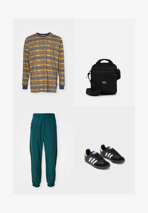 Ilgų rankovių marškiniai su horizontaliomis oranžinėmis ir pilkomis juostelėmis, pagaminti iš medvilnės, užapvalintu kaklu ir mėlynomis audinėmis rankovėmis. Puošia logotipo aplikacija.; Žalios sportinės kelnės su raišteliu juosmenyje, elastiniais rankogaliais ir šoninėmis juodomis juostomis. Pagamintos iš lengvos medžiagos, su logotipu šalia klubų.; Juodi sportiniai bateliai su zomšos ir sintetine viršutine dalimi, turintys tris baltas juosteles, tekstūruotą gumos pado paviršių ir mėlyną logotipo etiketę ant liežuvėlio.; Juodas per petį nešiojamas krepšys su užtrauktuku, stačiakampio formos, pagamintas iš audinio, su logotipo siuviniu priekyje, reguliuojamo ilgio petneša.