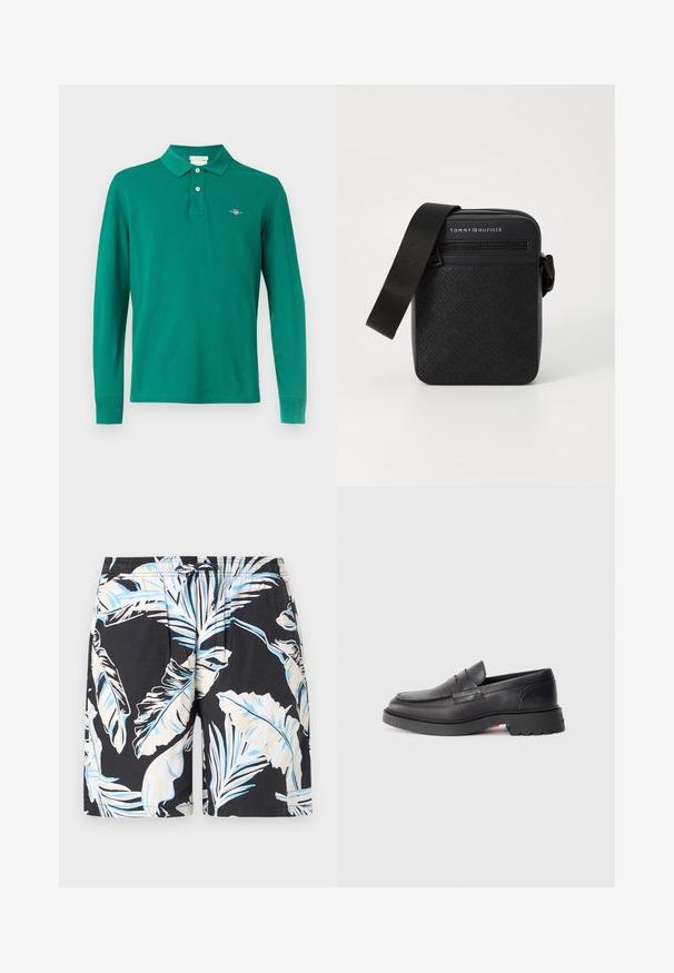 Pikkade varrukatega roheline puuvillane polosärk. Omadused: kraega kaelus, kahe nööbiga eesmine plastron ja rinnal tikitud logo.; Mustad mustad ujumispüksid musta värvi, millel on suur valge ja sinine troopiliste lehtede trükk, elastne vöökoht koos nööriga ja sile kangastekstuuri.; Mustad mustriga nahast loafersid, ümarate varvastega, kõrgendatud õmblusega ja paksu kummitaldaga. Lihtne disain minimaalsete brändingutega küljel.; Tommy Hilfiger MONOGRAM MINI REPORTER UNISEX - Ülerinna-kott - black