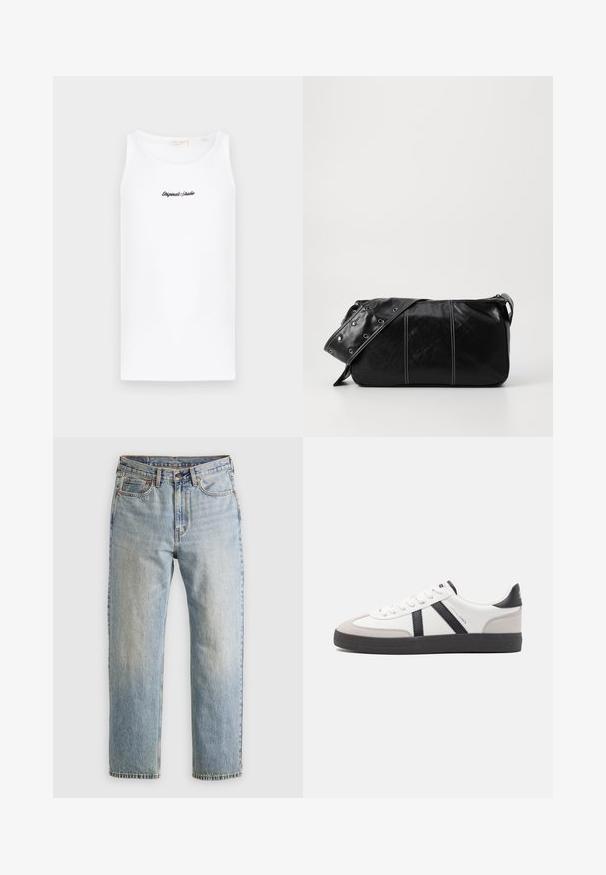 White tank top made of cotton, featuring a round neckline and a fitted shape. It has a black cursive logo on the front.; Light blue denim jeans with high waist, front button, zipper, and five-pocket design, laid flat on a neutral background.; White sneaker with black and gray accents, featuring a textured gray toe cap, black rubber sole, and flat white laces. Clean design, minimalist style.; Black leather shoulder bag with a zip closure, featuring a textured body, white stitching, and a strap with silver grommets.