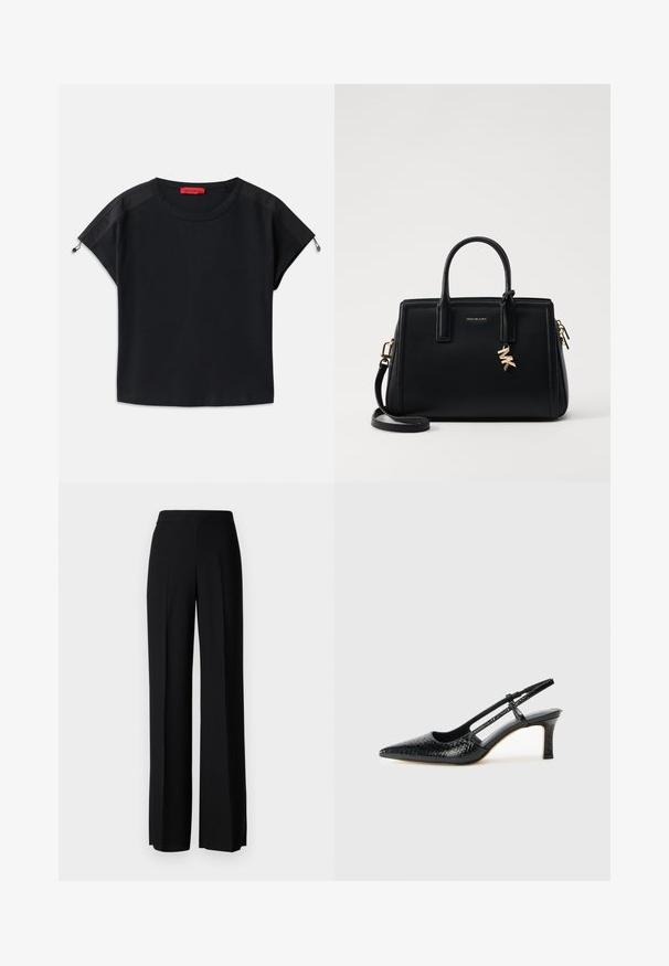 Fekete, rövid fazonú póló kerek nyakkal. Puha anyagból készült, vállán selyem panelokkal és zsinóros részletekkel az ujjaknál.; Fekete, széles szárú nadrág sima tapintással, magas derékkal és középen pliszével. Nincsenek látható minták vagy fém részletek.; Fekete lakk slingback sarok, hegyes orral, texturált kígyómintával, állítható pánttal és rövid, texturált tömbsarkal.; Fekete bőr kézitáska strukturált dizájnnal, dupla felső fogantyúkkal, levehető vállpánttal, arany színű fémrészletekkel és logómedál díszítéssel.