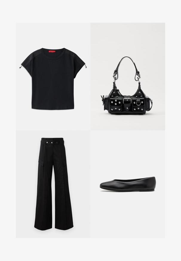 Černé krátké tričko s kulatým výstřihem. Obsahuje měkkou látku se saténovými panely na ramenou a stahovací detaily na rukávech.; Černé kalhoty s širokými nohavicemi a vysokým pasem, které mají velké boční kapsy, dva přední knoflíky a detail v podobě poutka. Vyrobeno z pevné látky.; Paul Smith TOPANGA - Klasické baleríny - black; Černá kožená kabelka s křivkovým designem, zdobená stříbrnými hřebíky, s přezkou a dvěma bočními kapsami. Nastavitelný popruh pro různé možnosti nošení.