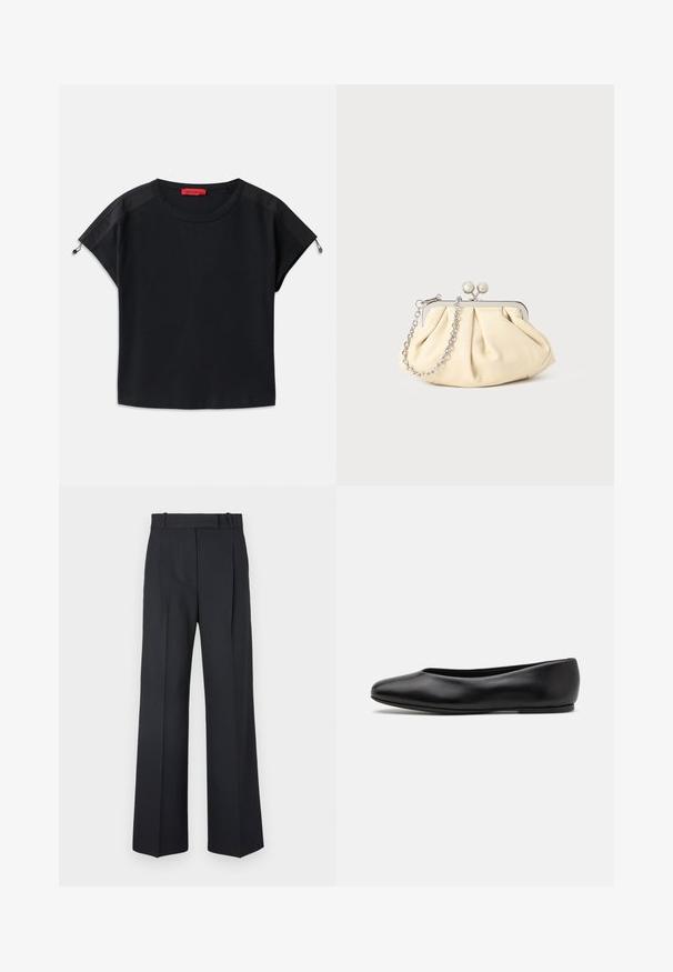 Black cropped t-shirt with round neck. Features soft fabric with satin panels on shoulders and drawstring details at the sleeves.; Dark blue pinstriped trousers with a high waist, wide leg design, and no visible hardware or embellishments. Smooth texture and tailored fit.; Paul Smith TOPANGA - Ballet pumps - black; Pleated beige leather clutch with a silver metal frame, featuring two round decorative clasps and a silver chain strap.